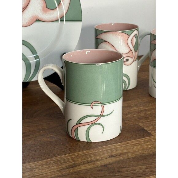 Rare Vintage Fitz & Floyd MCM Flamingo Road Porcelain Dessert Plates Mugs Set 4 - Picture 5 of 7
